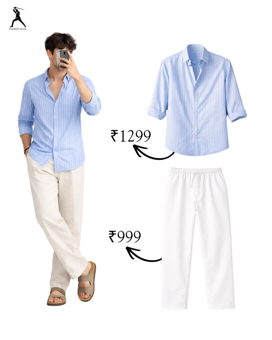 Old Money Classic Combo - Blue Stripe Shirt & white Trouser