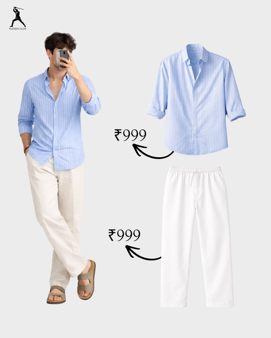 Old Money Classic Combo - Blue Stripe Shirt & white Trouser