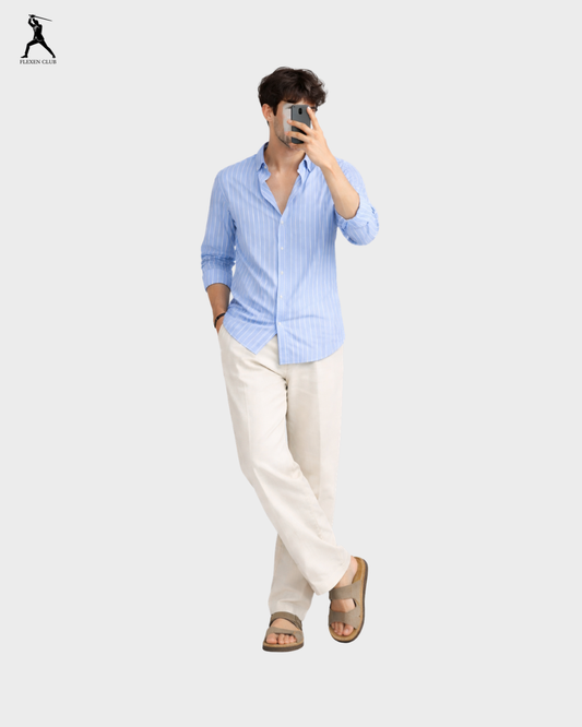 Old Money Classic Combo - Blue Stripe Shirt & white Trouser