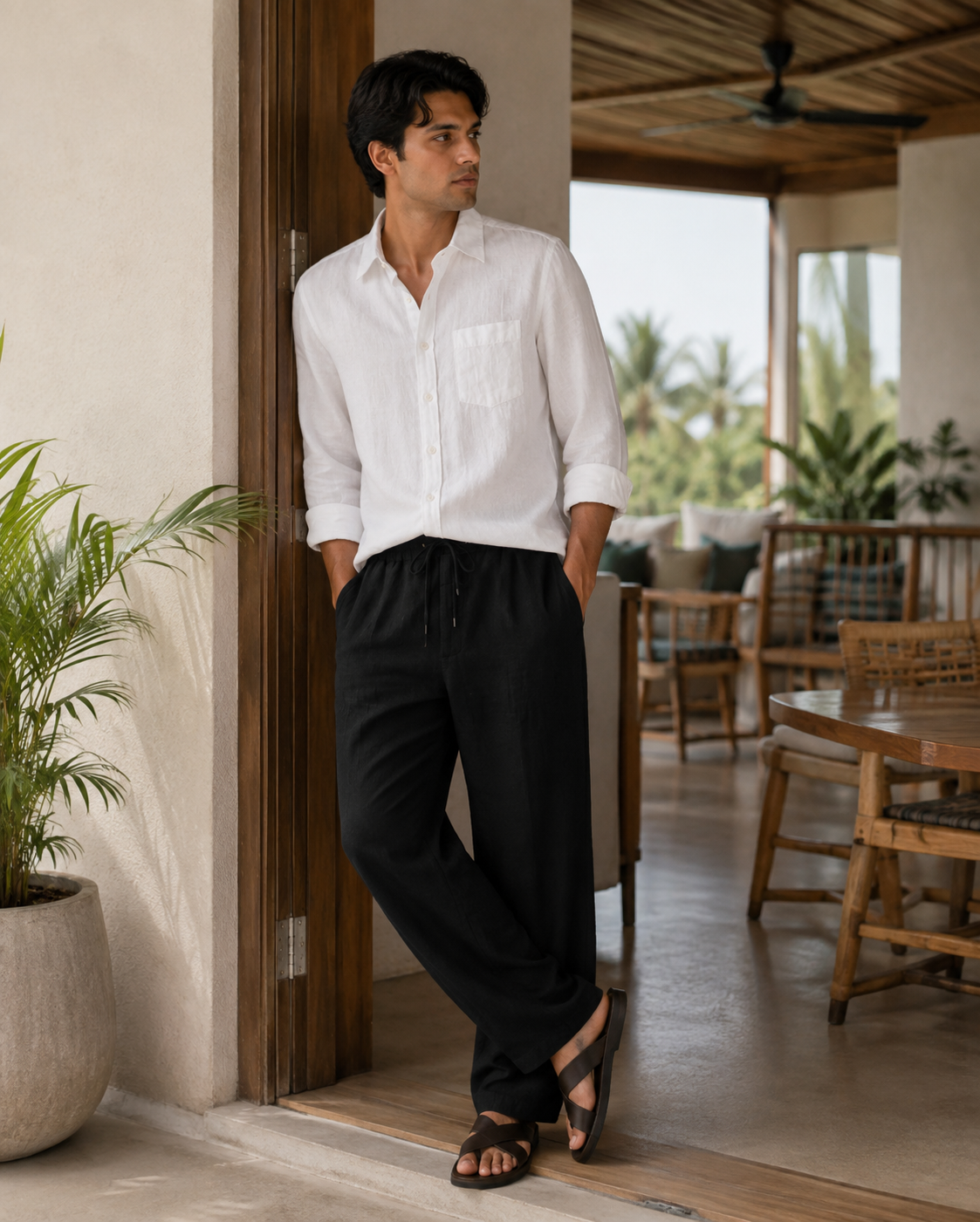 White Linen Shirt & Black Linen Trousers Combo