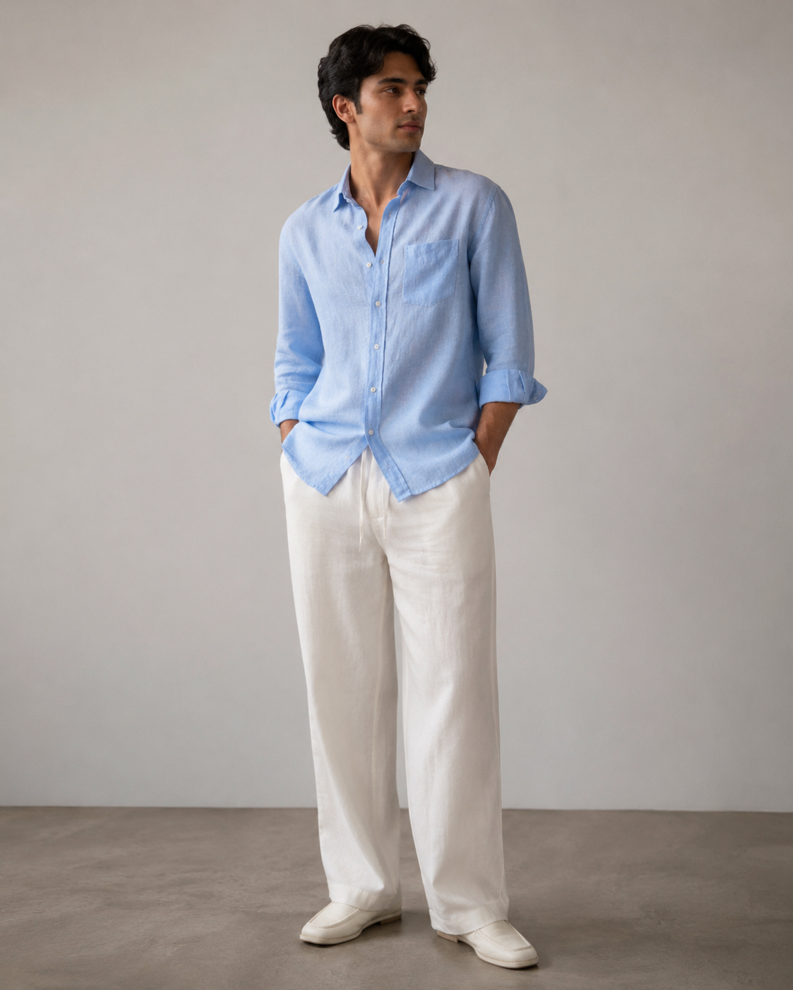Light Blue Linen Shirt & White Trousers Combo