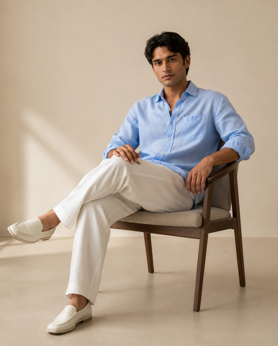 Light Blue Linen Shirt & White Trousers Combo