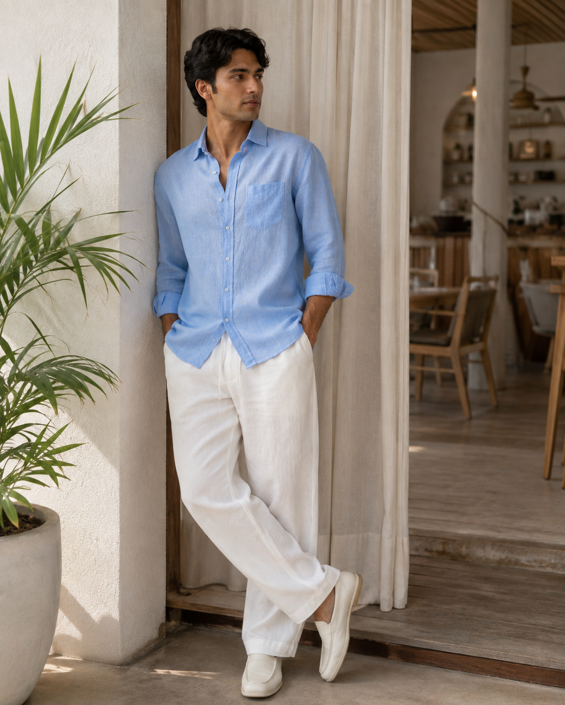 Light Blue Linen Shirt & White Trousers Combo