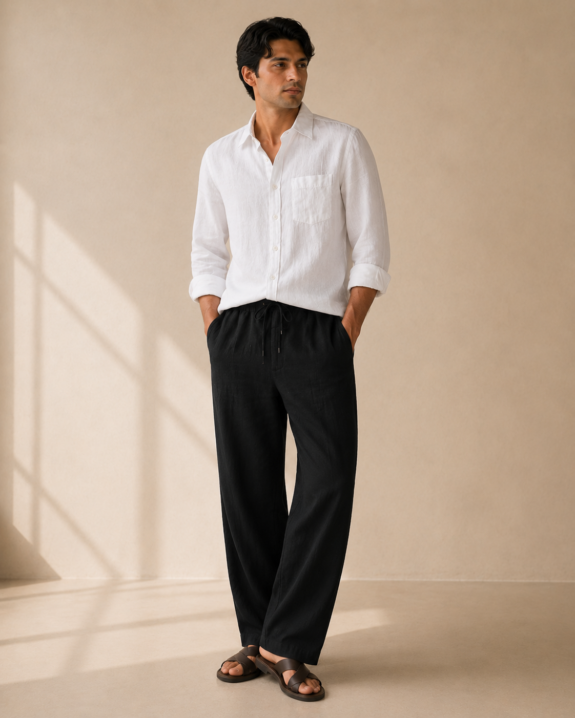 White Linen Shirt & Black Linen Trousers Combo