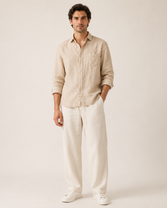 Old Money Classic Combo - Beige Shirt & White Trouser
