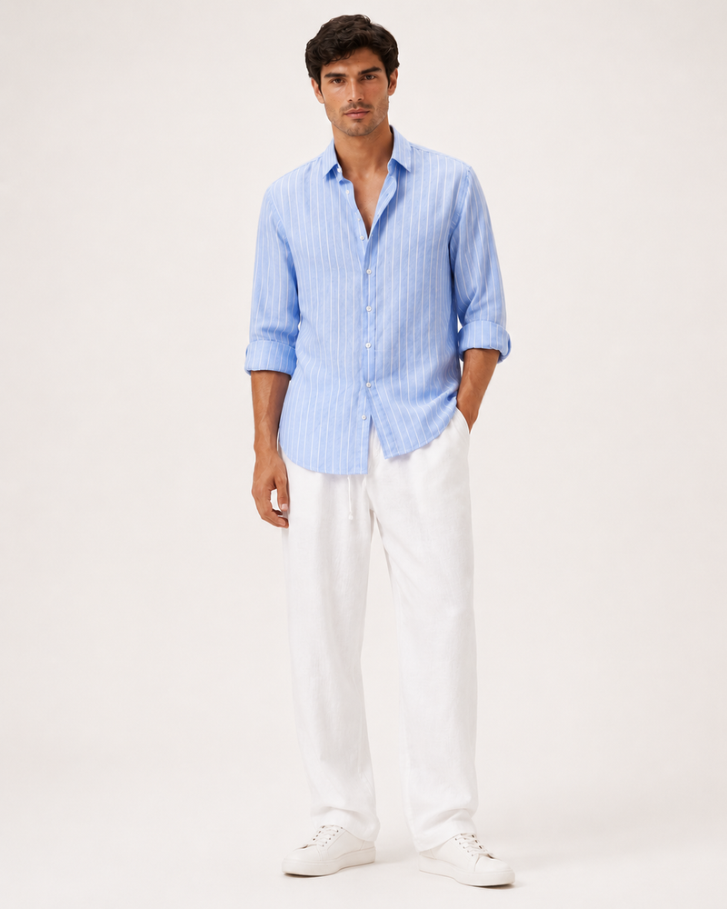 Old Money Classic Combo - Blue Stripe Shirt & white Trouser