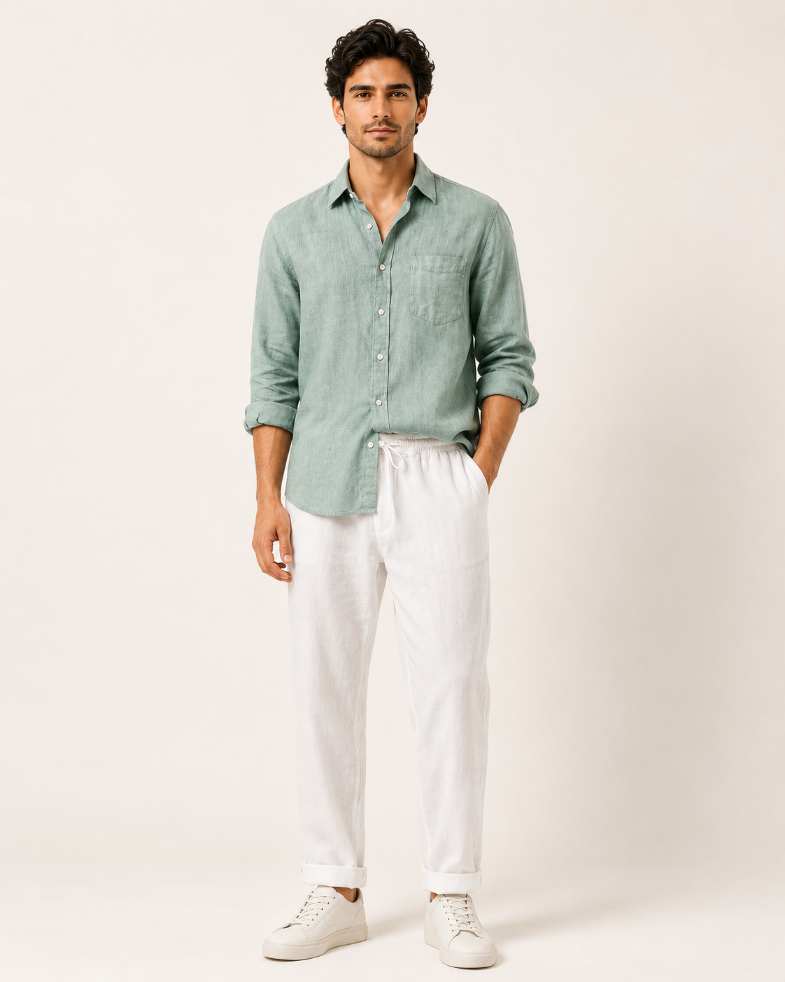 Old Money Classic Combo - Green Shirt & White Trouser